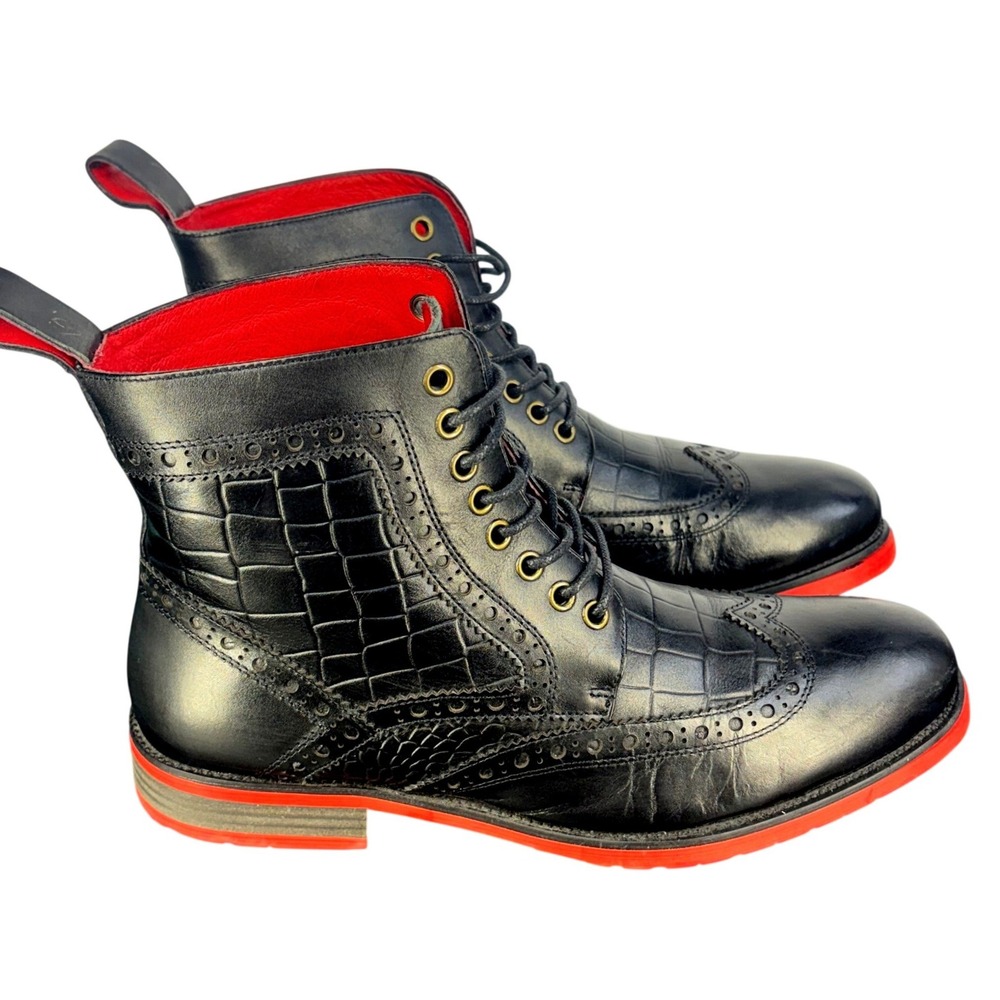 Marc Nolan Black Ankle Boots Moto Croc Embossed Leather Red Sole Grunge Mens 7